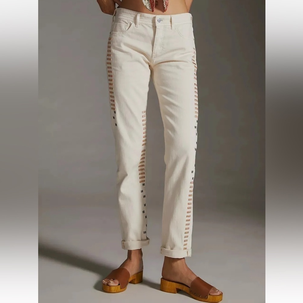Anthropologie Pilcro Cream Side Stitched Embroidered Pants sz 28